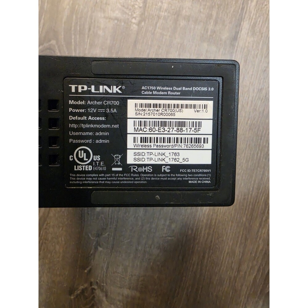 TP-LINK Archer CR700 Wireles Dual Band AC1750 DOCSIS 3.0 Cable Modem Router Only